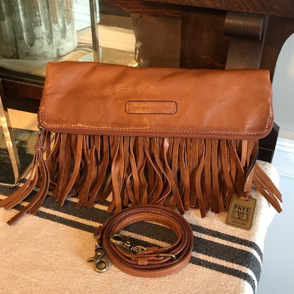 Frye Handbags - Frye Heidi Leather Fringe Cognac Brown Crossbody Clutch Bag Retail $298